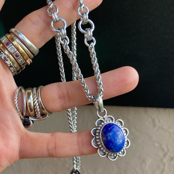 925 sterling silver lapis charm on stainless steel chain necklace boho stone - Picture 6 of 10